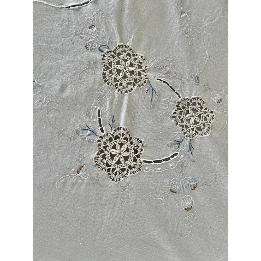 Embroidered Tablecloth With Blue Floral Cutwork Crocheted Inserts Vintage